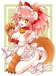  1girl animal_ears apron asymmetrical_legwear bell bell_collar blush breasts cat_hair_ornament cat_paws cleavage collar collarbone commentary_request erect_nipples fangs fate/grand_order fate_(series) fox_ears fox_tail gloves hair_ornament jingle_bell large_breasts long_hair looking_at_viewer maid_headdress naked_apron open_mouth pastachiiiiin paw_gloves paw_shoes paws pink_hair ponytail seiza shoes sitting solo tail tamamo_(fate)_(all) tamamo_cat_(fate) thigh-highs white_legwear yellow_eyes 