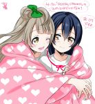  2girls bangs blue_hair blush closed_mouth commentary_request grey_hair hair_between_eyes heart hug hug_from_behind kisaragi_mizu long_hair love_live! love_live!_school_idol_project minami_kotori multiple_girls one_eye_closed one_side_up open_mouth simple_background smile sonoda_umi text yellow_eyes 