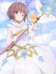  1girl :3 :d absurdres antenna_hair arms_up bangs bare_arms blue_sky breasts brown_hair card_captor_sakura clear_card closed_mouth clouds cloudy_sky creature crown day dress eyebrows_visible_through_hair feathered_wings floating_hair gem gloves green_eyes hair_between_eyes hair_intakes highres holding holding_staff kinomoto_sakura kokiri_miki one_eye_closed open_mouth outdoors see-through shiny shiny_hair short_hair_with_long_locks sidelocks sky sleeveless sleeveless_dress small_breasts smile staff star tail tareme white_dress white_gloves white_wings wings yume_no_tsue 