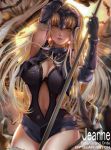 artist_name bearwitch black_gloves blonde_hair breasts character_name cleavage copyright_name cowboy_shot fate/grand_order fate_(series) gauntlets gloves hand_up headgear highres holding holding_weapon jeanne_d&#039;arc_(alter)_(fate) jeanne_d&#039;arc_(fate)_(all) long_hair looking_at_viewer navel parted_lips standing thighs warrior weapon yellow_eyes 