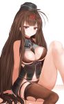  1girl absurdres antenna_hair arm_at_side arm_support bangs bare_arms bare_shoulders between_breasts blunt_bangs blush bra braid breasts brown_bra brown_hair brown_panties cleavage_cutout corset dsr-50_(girls_frontline) eyebrows_visible_through_hair eyes_visible_through_hair garrison_cap girls_frontline gloves hair_ornament hair_over_shoulder hat highres knee_up large_breasts long_hair looking_at_viewer midriff navel necktie necktie_between_breasts o-ring panties red_eyes ru_zhai shiny shiny_skin shirt sidelocks simple_background single_thighhigh sleeveless sleeveless_shirt smile solo stomach symbol-shaped_pupils thigh-highs thigh_strap thighs torn_clothes torn_thighhighs underwear very_long_hair 
