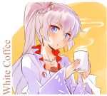  1girl blowing blue_eyes blush coffee_cup cup dress earrings english eyelashes highres holding holding_cup iesupa jewelry long_hair long_sleeves looking_at_viewer necklace parted_lips pendant rwby side_ponytail silver_hair slit_pupils solo steam tsurime upper_body weiss_schnee white_dress wide_sleeves yellow_background 