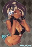  1girl bare_arms bare_shoulders black_gloves black_vest breasts cephalopod_eyes closed_eyes collarbone copyright_name crop_top cropped_torso cropped_vest dark_skin emma_noorman fingerless_gloves gloves green_eyes green_hair hands_on_headphones hands_up headphones high_collar highres iida_(splatoon) lips long_hair looking_at_viewer medium_breasts mole mole_under_mouth multicolored_hair octarian pink_pupils purple_hair smile solo splatoon splatoon_2 stomach suction_cups tentacle_hair twitter_username unzipped upper_body vest zipper zipper_pull_tab 