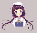  1girl bangs beret blue_dress blue_eyes blush brown_background brown_hair closed_mouth commentary_request dress eyebrows_visible_through_hair hat head_tilt hinatsuru_ai long_hair long_sleeves looking_at_viewer low_twintails miaomiao ryuuou_no_oshigoto! school_uniform short_over_long_sleeves short_sleeves simple_background smile solo twintails very_long_hair white_hat 