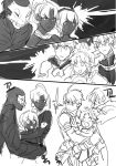  3boys 3girls assassin_(fate/zero) comic fate/apocrypha fate/grand_order fate/prototype fate/prototype:_fragments_of_blue_and_silver fate/stay_night fate/zero fate_(series) gawain_(fate/grand_order) greyscale hassan_of_serenity_(fate) highres hug monochrome mordred_(fate) mordred_(fate)_(all) multiple_boys multiple_girls saber_(fate/prototype) silent_comic true_assassin 