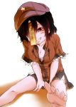 1girl absurdres bare_arms bare_legs barefoot beret between_legs blush breasts cleavage collarbone fang grin hand_between_legs hat highres leaning_forward looking_at_viewer miyako_yoshika ofuda outstretched_leg sepia shika_miso short_hair sitting skirt smile solo star toes touhou 