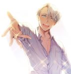  1boy :d blue_eyes collared_shirt jewelry kuroemon male_focus open_clothes open_mouth open_shirt outstretched_hand ring shirt silver_hair smile sparkle viktor_nikiforov yuri!!!_on_ice 