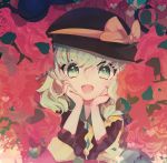  1girl :d bangs black_hat blush bow commentary_request floral_background flower frilled_sleeves frills gem green_eyes green_hair hand_on_own_cheek hands_on_own_face hat hat_bow hat_ribbon heart komeiji_koishi long_sleeves looking_at_viewer multicolored multicolored_eyes open_mouth orange_bow pink_flower ribbon smile solo tareme third_eye touhou tsukikusa upper_body wavy_hair wide_sleeves yellow_bow 
