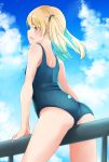  1girl arm_support bare_arms bare_shoulders blonde_hair blue_sky blue_swimsuit blush clouds comah day hair_tie highres looking_at_viewer looking_back one-piece_swimsuit orange_eyes original outdoors parted_lips railing school_swimsuit shoulder_blades sky solo straddling swimsuit twintails 