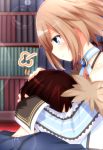  1girl bare_shoulders blanc blue_eyes blush brown_hair hand_on_another&#039;s_head head_on_chest highres hug looking_at_another neptune_(series) shironeko_haru short_hair 