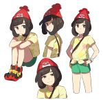  1girl bag beanie black_hair from_side green_shorts handbag hat looking_to_the_side mizuki_(pokemon_sm) pokemon pokemon_(game) pokemon_sm red_hat shirt short_hair short_sleeves shorts simple_background sitting tied_shirt unapoppo white_background z-ring 