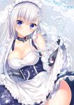  1girl apron azur_lane belfast_(azur_lane) braid breasts chains cleavage collar collarbone corset cover eyebrows_visible_through_hair french_braid frilled_apron frills garter_straps gloves highres large_breasts maid maid_apron maid_headdress silver_hair solo thigh-highs tomoo_(tomo) white_apron white_gloves white_legwear 