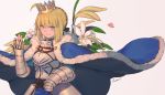  1girl ahoge armor armored_dress artist_name artoria_pendragon_(all) bangs blonde_hair blue_cape blue_dress blue_eyes blush breastplate butterfly_on_hand cape closed_mouth dress fate/stay_night fate_(series) faulds flower fur-trimmed_cape fur_trim gauntlets highres lanzi_(415460661) rown saber short_hair signature smile solo upper_body white_flower 