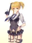  1girl bangs blonde_hair blue_gloves blue_neckwear braid commentary_request damda girls_frontline gloves green_eyes gun holding holding_gun holding_weapon holster looking_at_viewer shirt short_hair skirt solo thigh_holster thigh_strap twintails weapon welrod_mk2_(girls_frontline) 