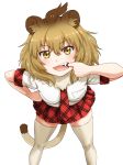  1girl animal_ears bangs bent_over blush breasts brown_hair eyebrows eyebrows_visible_through_hair fang finger_in_mouth fur_collar gradient_hair hair_between_eyes hand_on_hip highres kemono_friends legs_apart light_brown_hair lion_(kemono_friends) lion_ears lion_tail looking_at_viewer miniskirt multicolored_hair necktie plaid plaid_skirt pleated_skirt pocket red_neckwear red_skirt shirt short_hair short_sleeves simple_background skindentation skirt small_breasts solo standing tail takatsuki_nao tan_legwear teeth thigh-highs tongue tsurime two-tone_hair white_background white_shirt yellow_eyes zettai_ryouiki 