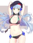  1girl armpits arms_up artist_name assault_rifle bangs beret bikini black_bikini blue_hair blunt_bangs blush closed_mouth collarbone commentary_request contrapposto damda eyebrows_visible_through_hair facial_mark floating_hair girls_frontline gun hair_ornament hat heckler_&amp;_koch hk416 long_hair looking_at_viewer looking_to_the_side navel rifle signature solo standing swimsuit teardrop thighs tsurime weapon 