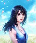  1girl black_hair breasts brown_eyes closed_mouth feathers field final_fantasy final_fantasy_viii flower jewelry long_hair midorisa necklace rinoa_heartilly smile solo watermark 