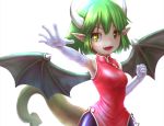  :d brown_eyes clenched_hand draco_centauros dragon_girl dragon_tail dragon_wings elbow_gloves fangs gloves green_hair horns looking_at_viewer open_mouth outstretched_hand pointy_ears puyopuyo short_hair smile solo standing tail white_background white_gloves wings yanzikatu 