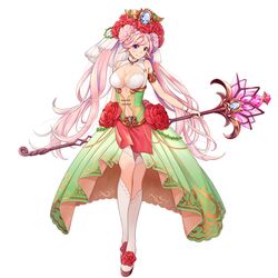  1girl armlet blue_eyes bracelet braid breasts cleavage dress flower full_body green_dress hair_bun hair_flower hair_ornament highres holding holding_staff jewelry large_breasts long_hair looking_at_viewer navel original para_sitism pink_hair rose solo staff standing tachi-e thorns very_long_hair white_legwear 