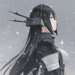  1girl :o black_hair breasts brown_eyes commentary_request elbow_gloves from_side gloves grey_background headgear kantai_collection large_breasts long_hair looking_up nagato_(kantai_collection) parted_lips remodel_(kantai_collection) rokuwata_tomoe signature snowing solo upper_body 
