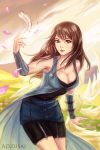  1girl bare_shoulders black_hair breasts brown_eyes cleavage closed_mouth commentary dress feathers field final_fantasy final_fantasy_viii flower jewelry leaning_forward long_hair looking_at_viewer medium_breasts necklace rinoa_heartilly solo standing 