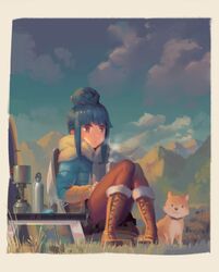  1girl blue_coat blue_hair breath brown_footwear cellphone chair clouds day dog hair_bun highres knees_together_feet_apart looking_at_viewer mountain orange_legwear outdoors pantyhose phone pinecone psi_(583278318) shima_rin sitting sky smartphone table thermos violet_eyes yurucamp 