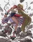  1girl absurdres alcohol bandage bandaged_arm blonde_hair blood chains cuffs cup full_body grin highres holding horn hoshiguma_yuugi long_hair looking_at_viewer nail_polish orange_eyes pororikin red_nails sakazuki sake sandals smile solo standing star touhou very_long_hair 