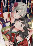  2girls ayano_(ue083282) black_eyes black_hair detached_sleeves flower grey_hair hair_flower hair_ornament idolmaster idolmaster_cinderella_girls idolmaster_cinderella_girls_starlight_stage japanese_clothes kimono kobayakawa_sae long_hair multiple_girls shiomi_shuuko short_hair smile 