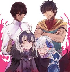  2boys 2girls ahoge arash_(fate) arjuna_(fate/grand_order) blush brown_eyes brown_hair brynhildr_(fate) chains closed_eyes crossed_arms dark_skin drooling fate/grand_order fate/prototype fate/prototype:_fragments_of_blue_and_silver fate_(series) feathers fur_trim hair_feathers headpiece heart highres jeanne_d&#039;arc_(alter)_(fate) jeanne_d&#039;arc_(fate)_(all) long_hair multiple_boys multiple_girls one_eye_closed open_mouth silver_hair sweatdrop yellow_eyes yukihama 