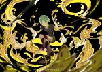  androgynous character_name expressionless gem_uniform_(houseki_no_kuni) gold golden_arms green_eyes green_hair houseki_no_kuni looking_at_viewer necktie phosphophyllite ryein short_hair shorts solo 
