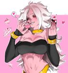  1girl absurdres alternate_form android_21 android_21_(evil) black_nails black_sclera bracelet breasts cake candy cleavage cupcake dragon_ball dragon_ball_fighterz drooling eyelashes food heart highres jewelry lollipop looking_at_viewer majin_android_21 monster_girl nail_polish navel pink_skin red_eyes solo spoilers spoken_heart stomach strapless toned tubetop upper_body zelus 
