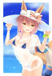  amakusa_shio animal_ears bikini blue_bikini blush breasts cleavage collarbone commentary_request covered_navel ears_through_headwear eyebrows_visible_through_hair fang fate/grand_order fate_(series) fox_ears fox_tail hat innertube large_breasts looking_at_viewer navel ocean open_mouth outdoors pink_hair shirt side-tie_bikini sun_hat swimsuit tail tamamo_(fate)_(all) tamamo_no_mae_(swimsuit_lancer)_(fate) wet wet_clothes wet_shirt wet_t-shirt yellow_eyes 