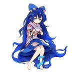  1girl ajia_(otya3039) bangle barefoot blue_bow blue_eyes blue_hair blue_skirt bow bowl bracelet commentary damaged debt hair_bow hood hoodie jewelry long_hair looking_at_viewer skirt solo stuffed_animal stuffed_cat stuffed_toy touhou very_long_hair yorigami_shion 
