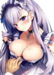  1girl apron azur_lane belfast_(azur_lane) black_gloves blush braid breasts broken broken_chain chains cleavage collarbone commentary_request corset dress erect_nipples eyebrows_visible_through_hair eyes_visible_through_hair fingerless_gloves french_braid frilled_dress frills gloves hand_in_hair head_tilt highres large_breasts long_hair looking_at_viewer maid_apron maid_headdress parted_lips pov pov_hands purple_hair raiou simple_background sleeveless sleeveless_dress solo_focus very_long_hair violet_eyes white_background 