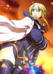  1girl 2018 ahoge artist_name artoria_pendragon_(all) artoria_pendragon_(lancer) belt black_gloves blonde_hair breasts cape commentary_request dated embers epee fate/grand_order fate_(series) gloves green_eyes hair_between_eyes highres holding holding_sword holding_weapon large_breasts mattari_yufi sidelocks solo sword thigh-highs tight_top upper_body weapon zettai_ryouiki 