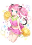  1girl :3 :d animal_ears aqua_hair bare_arms blue_eyes blush breasts cat_ears cat_tail cheerleader collarbone confetti crop_top eyebrows_visible_through_hair full_body hashimoto_nyaa highres holding jumping legs_up long_hair looking_at_viewer marmoset_(marmoset0) medium_breasts midair midriff multicolored_hair navel open_mouth osomatsu-san paw_background pink_hair pink_skirt pleated_skirt pom_poms shirt sidelocks skirt sleeveless sleeveless_shirt smile solo sparkle tail twintails water_drop whisker_markings 