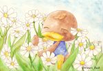 artist_name bird closed_eyes doubutsu_no_mori duck flower furry leaf minomushi_mi37 no_humans piitan_(doubutsu_no_mori) solo traditional_media watercolor_(medium) 