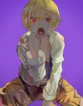  1boy between_legs blonde_hair child_gilgamesh fate/grand_order fate_(series) hand_between_legs hand_up hood hood_down hooded_jacket index_finger_raised jacket kibadori_rue long_sleeves looking_at_viewer male_focus open_mouth pants purple_background red_eyes simple_background sitting solo tongue white_jacket yellow_pants 