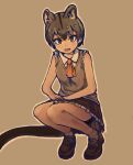 bare_legs bare_shoulders eyebrows_visible_through_hair fossa_(kemono_friends) fossa_ears fossa_tail hands_on_lap kemono_friends loafers neckerchief ouka_(yama) shoes skirt squatting tail vest