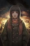  1girl absurdres backlighting braid brown_eyes brown_hair clouds coat commentary_request di_qiu_wang_shi diandianzai hands_in_pockets highres lips long_hair looking_at_viewer nose outdoors sad scarf sky solo sunset twin_braids upper_body 