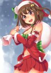  1girl :d absurdres babydoll bare_shoulders bell blush bow breasts brown_eyes brown_hair carrying christmas cleavage collarbone detached_sleeves eyebrows_visible_through_hair fur_trim gift_bag gluteal_fold halter_top halterneck hat hat_bow highres long_sleeves looking_at_viewer medium_breasts miniskirt misaki_yuuma navel open_mouth pleated_skirt red_skirt sakamiya_hotaru santa_costume santa_hat school_girl_strikers short_hair shoulder_carry skirt smile solo strap_gap striped striped_bow twintails 