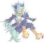  1girl 41n39 animal_ears bare_shoulders bow claws feathers green_hair hair_bow harpy highres monster_girl open_mouth original red_eyes sidelocks sleeveless solo talons 
