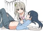  2girls bangs blue_hair blush commentary_request doctor grey_hair hair_between_eyes kamui87 labcoat lifted_by_self long_hair looking_at_another love_live! love_live!_school_idol_project lying minami_kotori multiple_girls navel on_back one_side_up panties pillow shirt_lift sonoda_umi stethoscope underwear yuri 