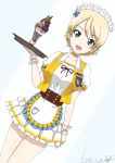  1girl :d alternate_costume apron artist_name bangs blonde_hair blue_bow blue_eyes bow braid bukkuri choker coco&#039;s cowboy_shot darjeeling dated dutch_angle emblem eyebrows_visible_through_hair food frilled_apron frilled_shirt frilled_skirt frills girls_und_panzer glass hair_bow holding ice_cream jacket layered_skirt looking_at_viewer maid_headdress miniskirt open_mouth pleated_skirt puffy_short_sleeves puffy_sleeves ribbon_choker shirt short_hair short_sleeves signature skirt smile solo st._gloriana&#039;s_(emblem) standing sundae tied_hair tray twin_braids waist_apron waitress white_shirt white_skirt wristband yellow_choker yellow_jacket 