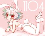  1girl animal_ears bangs bare_shoulders bed_sheet blush bow bunny_girl bunny_tail bunnysuit closed_mouth commentary_request detached_collar eyebrows_visible_through_hair fingernails full_body green_bow green_hair head_rest high_heels leotard looking_at_viewer looking_to_the_side lying made_in_abyss multicolored_hair on_stomach pantyhose pink_background prushka rabbit_ears red_eyes sakurazawa_izumi short_hair solo strapless strapless_leotard tail two-tone_hair white_collar white_footwear white_hair white_legwear white_leotard wristband 