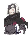  1girl ;o armor black_cape blush cape chains fate/grand_order fate_(series) fur-trimmed_cape fur_trim headpiece jeanne_d&#039;arc_(alter)_(fate) jeanne_d&#039;arc_(fate)_(all) looking_at_viewer one_eye_closed sketch solo sword teshima_nari weapon white_background 
