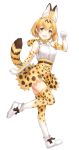  1girl :d animal_ears bangs belt blonde_hair blush boots bow bowtie breasts clenched_hand elbow_gloves extra_ears eyebrows_visible_through_hair full_body gloves highres kemono_friends looking_at_viewer marmoset_(marmoset0) medium_breasts open_mouth paw_pose serval_(kemono_friends) serval_ears serval_print serval_tail short_hair simple_background skirt sleeveless smile solo standing standing_on_one_leg tail thigh-highs white_background white_footwear yellow_eyes zettai_ryouiki 