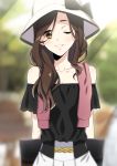  1girl bare_shoulders black_bow black_shirt blurry blush bow brown_eyes collarbone day depth_of_field hat head_tilt kanno_sayu kimi_no_na_wa long_hair looking_at_viewer off-shoulder_shirt okudera_miki outdoors parted_lips shirt smile solo white_hat 