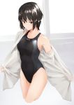  1girl amagami black_hair black_swimsuit brown_eyes commentary_request competition_swimsuit cowboy_shot cropped_legs dress_shirt highres long_sleeves looking_at_viewer nanasaki_ai one-piece_swimsuit shirt short_hair solo swimsuit twitter_username undressing vegetablenabe white_background white_shirt window 