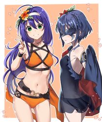  2girls ahoge back bare_shoulders bikini blue_hair blue_swimsuit blush bracelet braid breasts butt_crack cape closed_mouth commentary crown_braid eyebrows_visible_through_hair fire_emblem fire_emblem:_radiant_dawn fire_emblem_awakening fire_emblem_heroes flower green_eyes hair_between_eyes hair_flower hair_ornament haru_(nakajou-28) headband highres jewelry long_hair looking_at_viewer lucina lucina_(fire_emblem) marth_(fire_emblem_awakening) mask masked mia_(fire_emblem) multiple_girls navel orange_flower orange_swimsuit purple_hair red_flower short_hair smile stomach swimsuit 